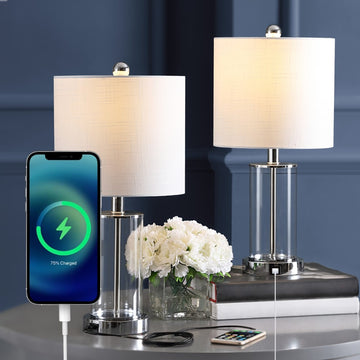 Abner 21" Glass Modern Contemporary USB Charging LED Table Lamp - JONATHAN Y